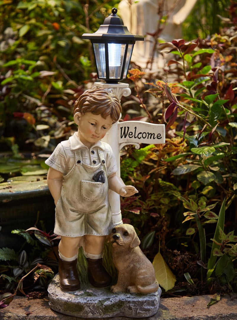 Floryden Solar Boy Statue Welcome Sign Garden Statues for Garden Decor, Porch, Lawn, Yard Art Decorations, Resin 23.2H inch - Image 2